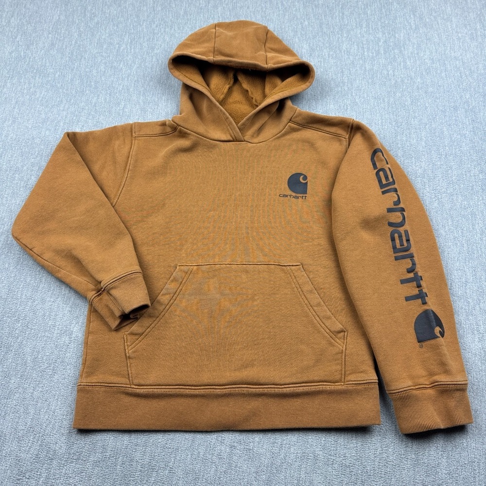 Carhartt Hoodie Youth Boys Medium 10-12 Brown Graphic Logo Fleece Sweatshirt